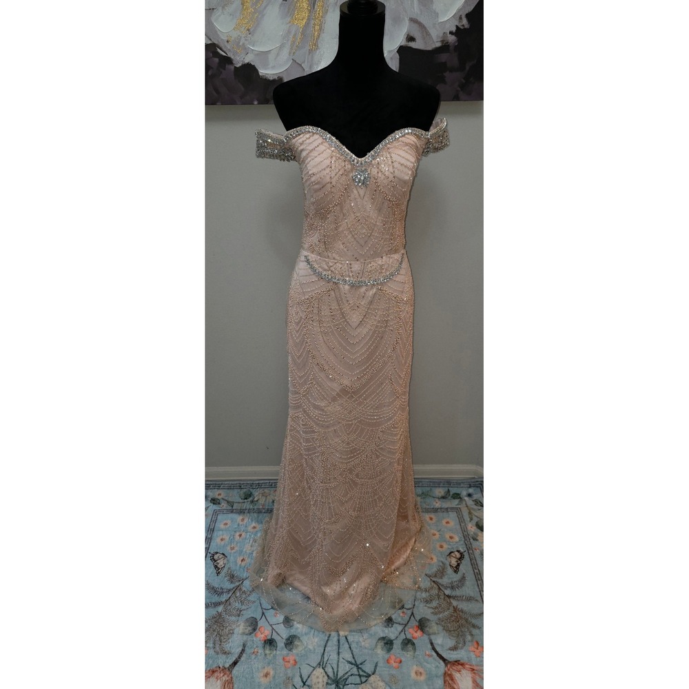 Blush Pink Off Shoulder Beaded Mermaid Formal Gown Rhinestone Sweetheart Dress
